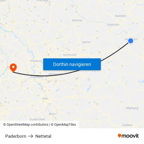 Paderborn to Nettetal map