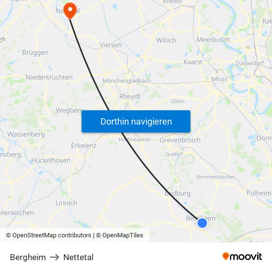 Bergheim to Nettetal map