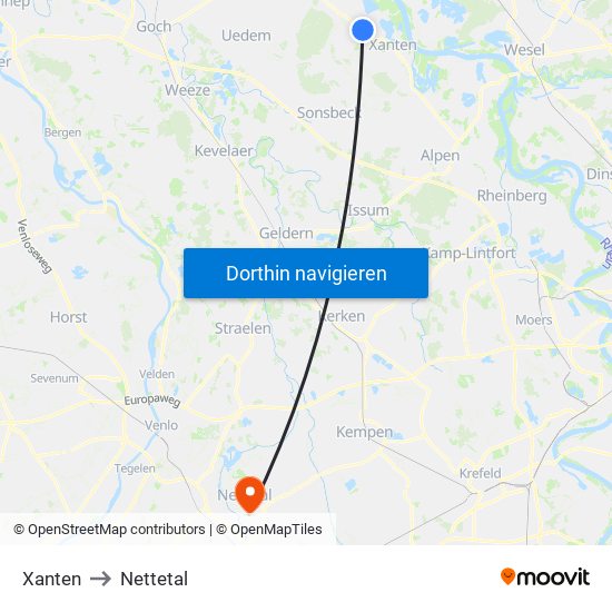 Xanten to Nettetal map