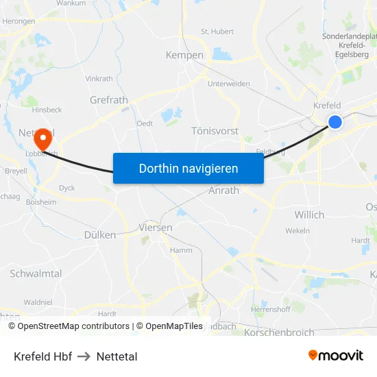 Krefeld Hbf to Nettetal map