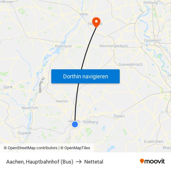 Aachen, Hauptbahnhof (Bus) to Nettetal map