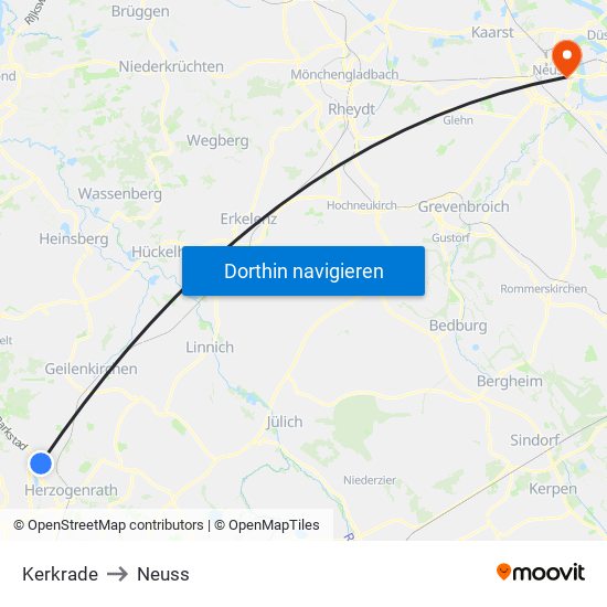 Kerkrade to Neuss map