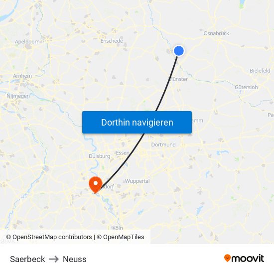 Saerbeck to Neuss map