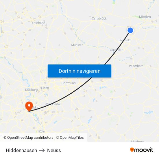 Hiddenhausen to Neuss map