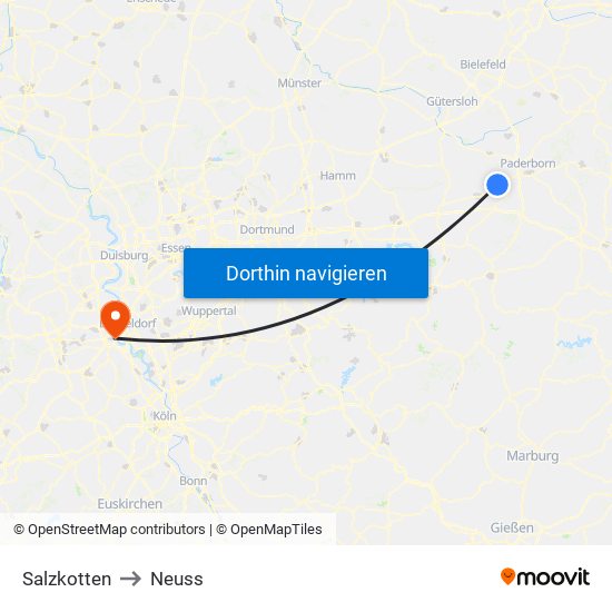 Salzkotten to Neuss map