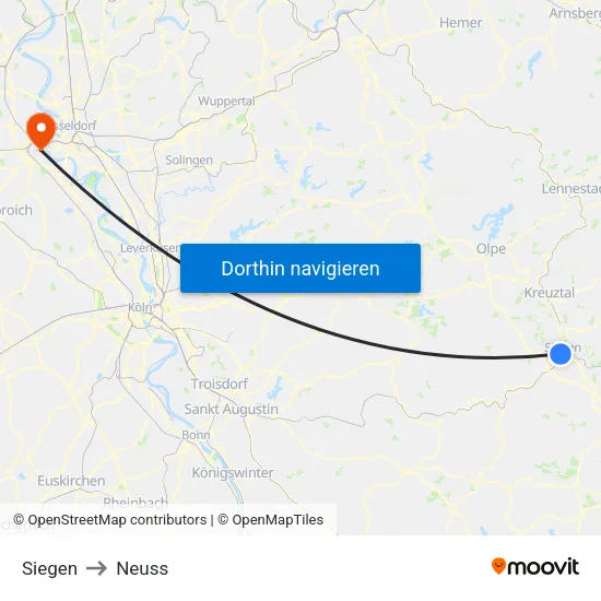 Siegen to Neuss map