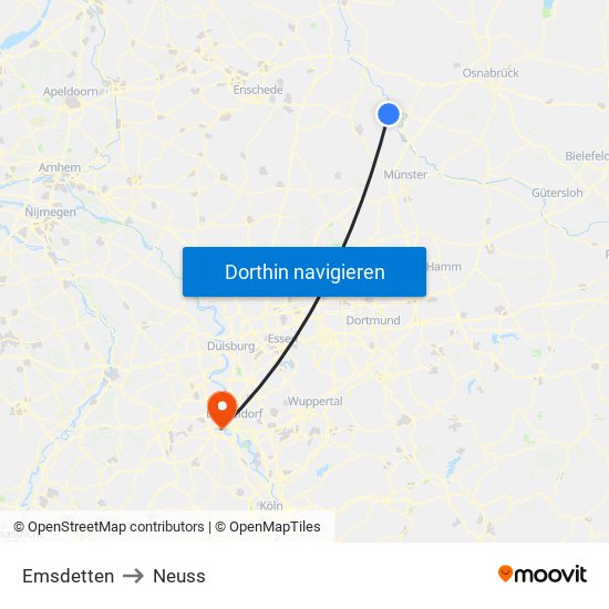 Emsdetten to Neuss map