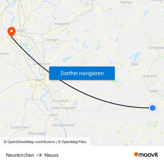 Neunkirchen to Neuss map