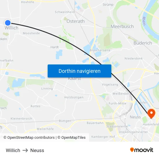 Willich to Neuss map