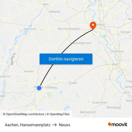 Aachen, Hansemannplatz to Neuss map