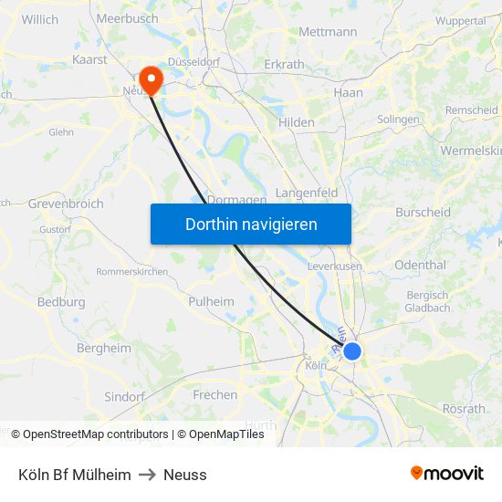 Köln Bf Mülheim to Neuss map