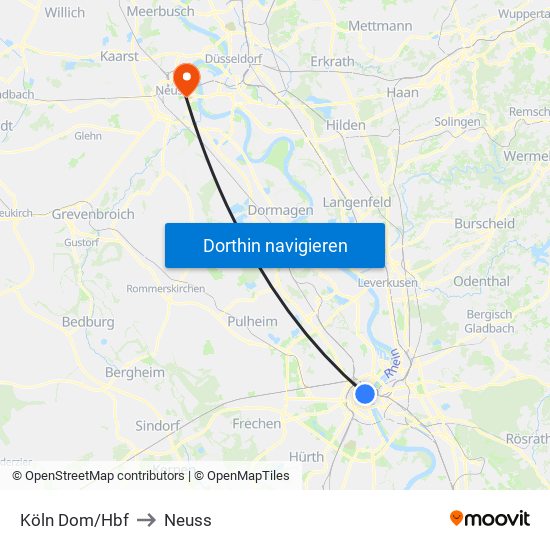 Köln Dom/Hbf to Neuss map