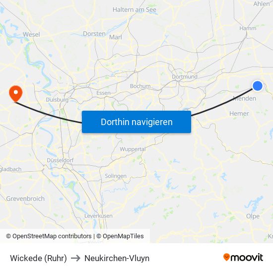 Wickede (Ruhr) to Neukirchen-Vluyn map