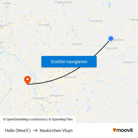 Halle (Westf.) to Neukirchen-Vluyn map