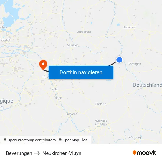 Beverungen to Neukirchen-Vluyn map