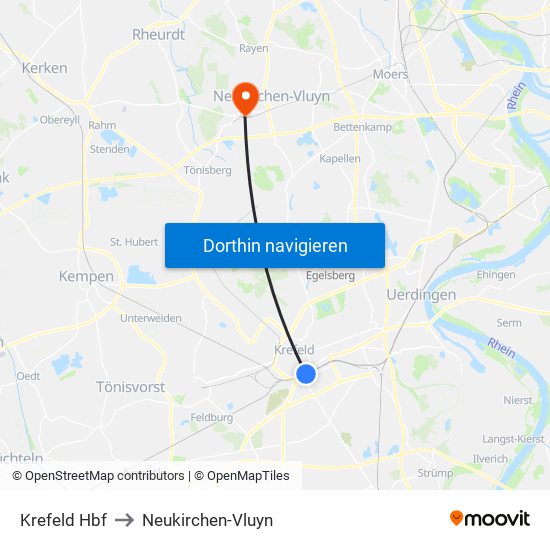 Krefeld Hbf to Neukirchen-Vluyn map