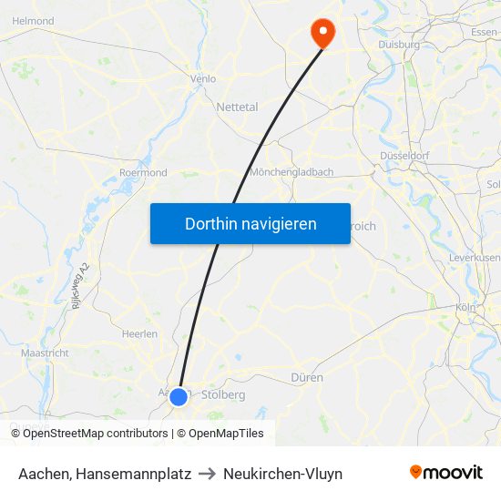 Aachen, Hansemannplatz to Neukirchen-Vluyn map