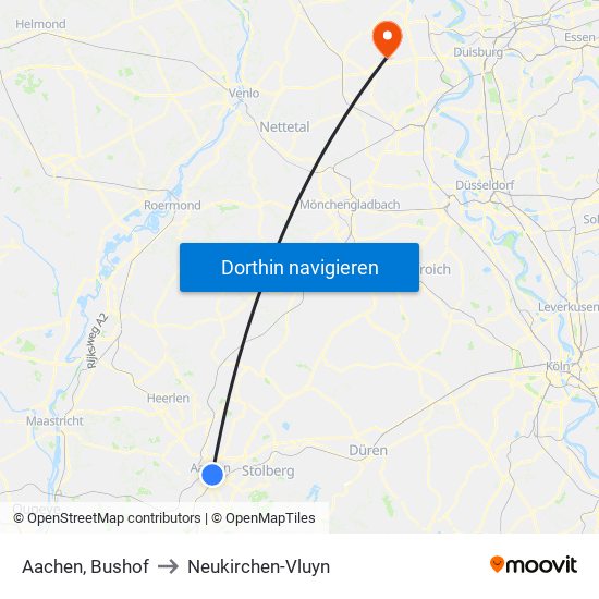 Aachen, Bushof to Neukirchen-Vluyn map