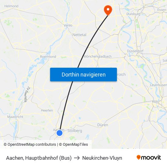 Aachen, Hauptbahnhof (Bus) to Neukirchen-Vluyn map