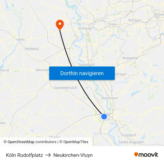 Köln Rudolfplatz to Neukirchen-Vluyn map
