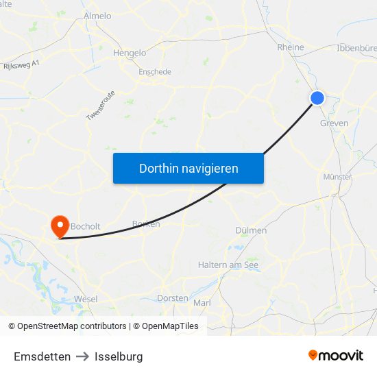 Emsdetten to Isselburg map