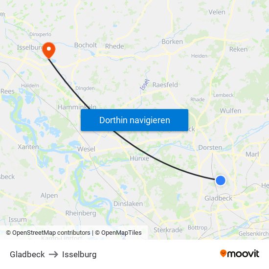 Gladbeck to Isselburg map