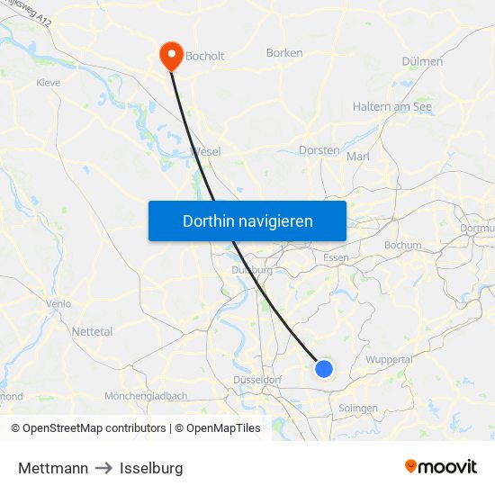 Mettmann to Isselburg map