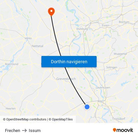 Frechen to Issum map