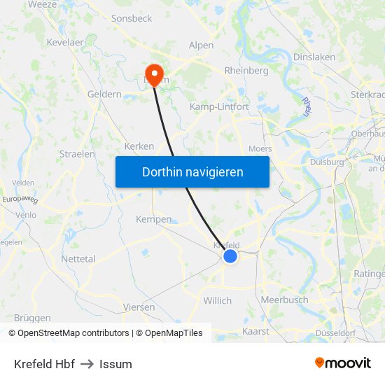 Krefeld Hbf to Issum map