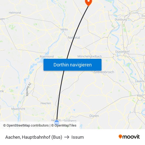 Aachen, Hauptbahnhof (Bus) to Issum map