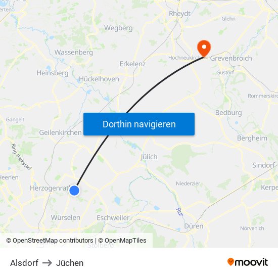 Alsdorf to Jüchen map