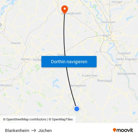 Blankenheim to Jüchen map