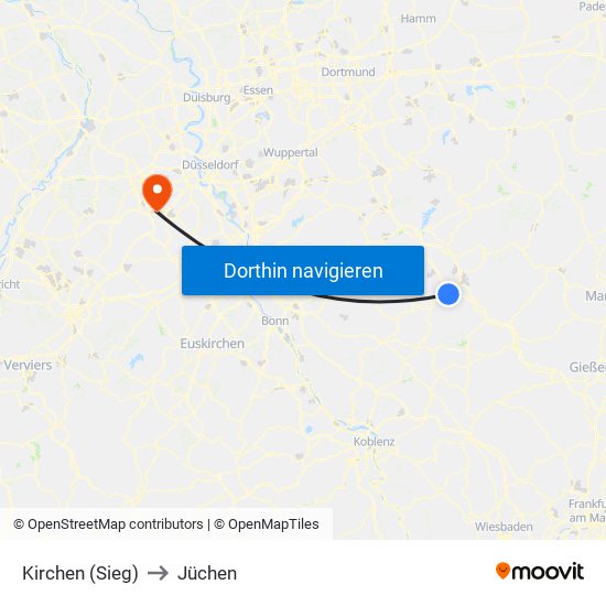 Kirchen (Sieg) to Jüchen map