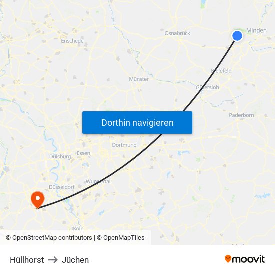 Hüllhorst to Jüchen map