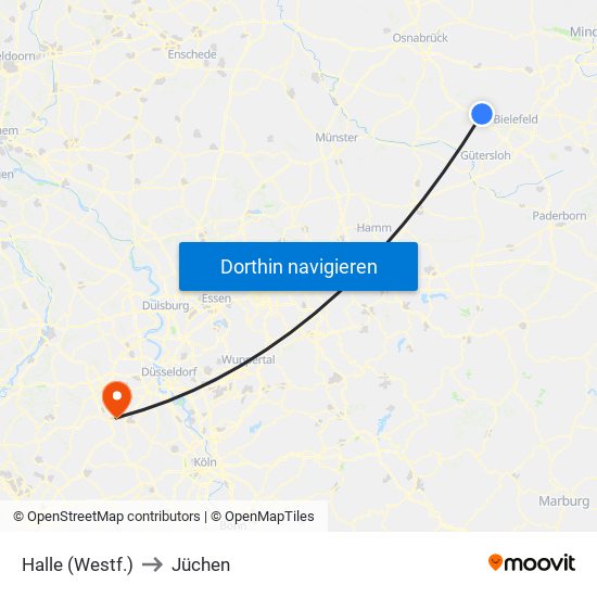 Halle (Westf.) to Jüchen map