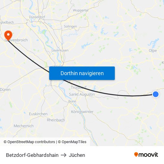 Betzdorf-Gebhardshain to Jüchen map