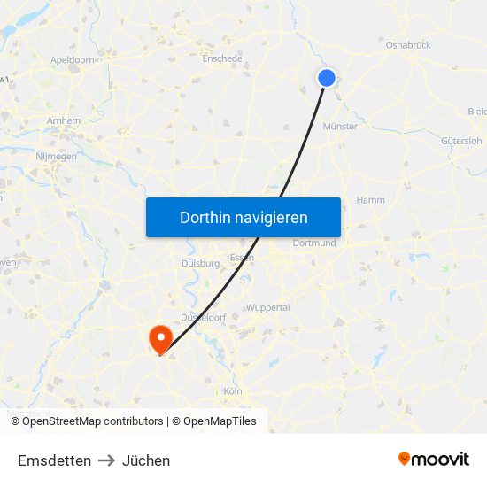 Emsdetten to Jüchen map