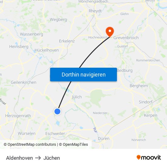 Aldenhoven to Jüchen map