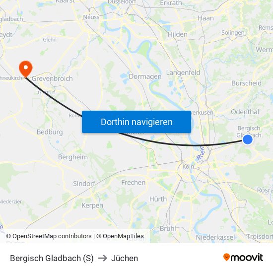 Bergisch Gladbach (S) to Jüchen map