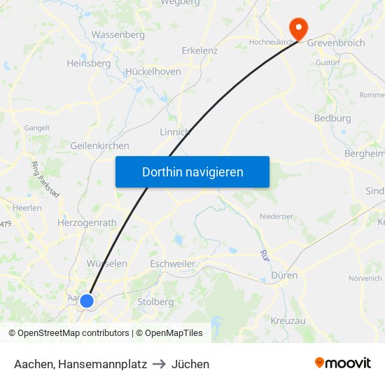 Aachen, Hansemannplatz to Jüchen map