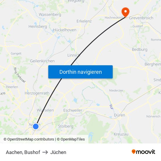 Aachen, Bushof to Jüchen map