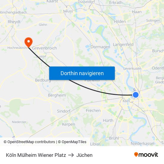 Köln Mülheim Wiener Platz to Jüchen map
