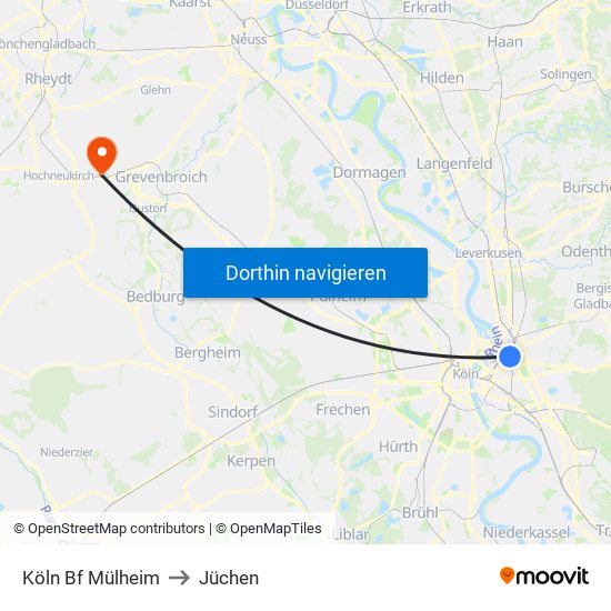 Köln Bf Mülheim to Jüchen map