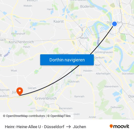 Heinr.-Heine-Allee U - Düsseldorf to Jüchen map