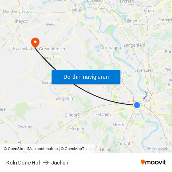 Köln Dom/Hbf to Jüchen map