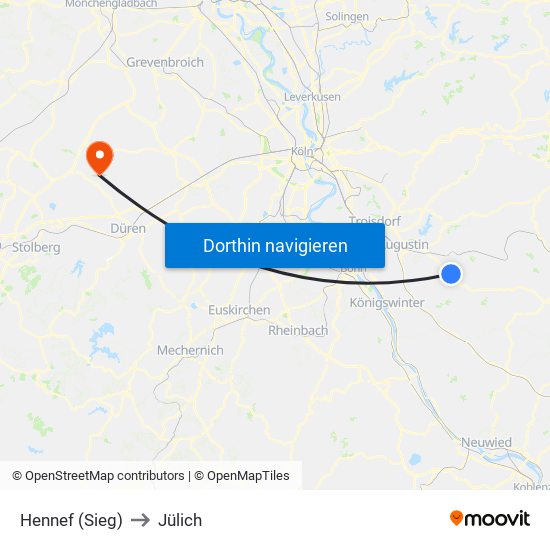 Hennef (Sieg) to Jülich map