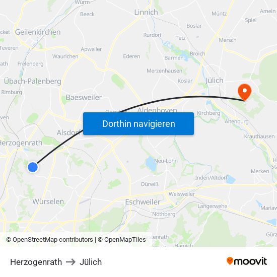 Herzogenrath to Jülich map