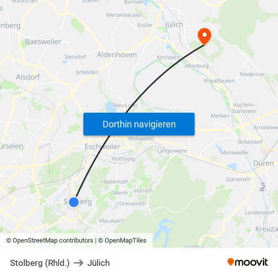 Stolberg (Rhld.) to Jülich map