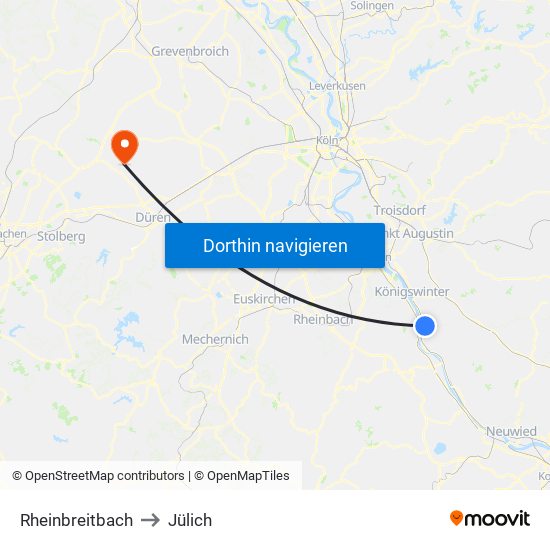 Rheinbreitbach to Jülich map