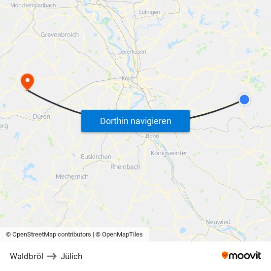 Waldbröl to Jülich map